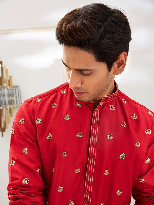 Men's Red Viscose Kurta